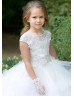 Beaded Neck Ivory Lace Tulle Flower Girl Dress With Horsehair Trim